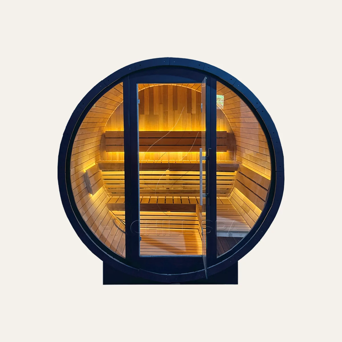 BS13 6-8 person outdoor barrel sauna illuminated front view