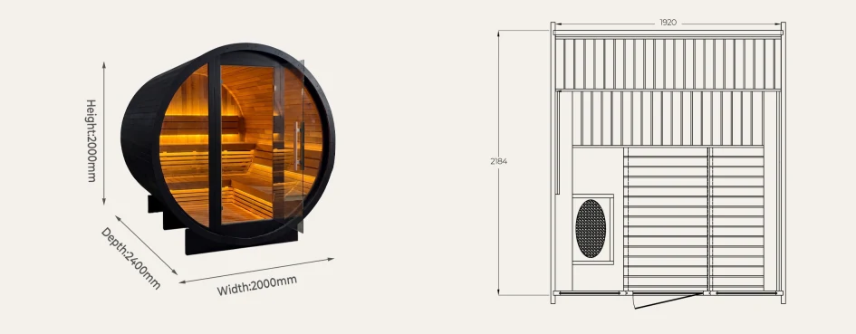 BS13 barrel sauna dimensions and internal layout drawing