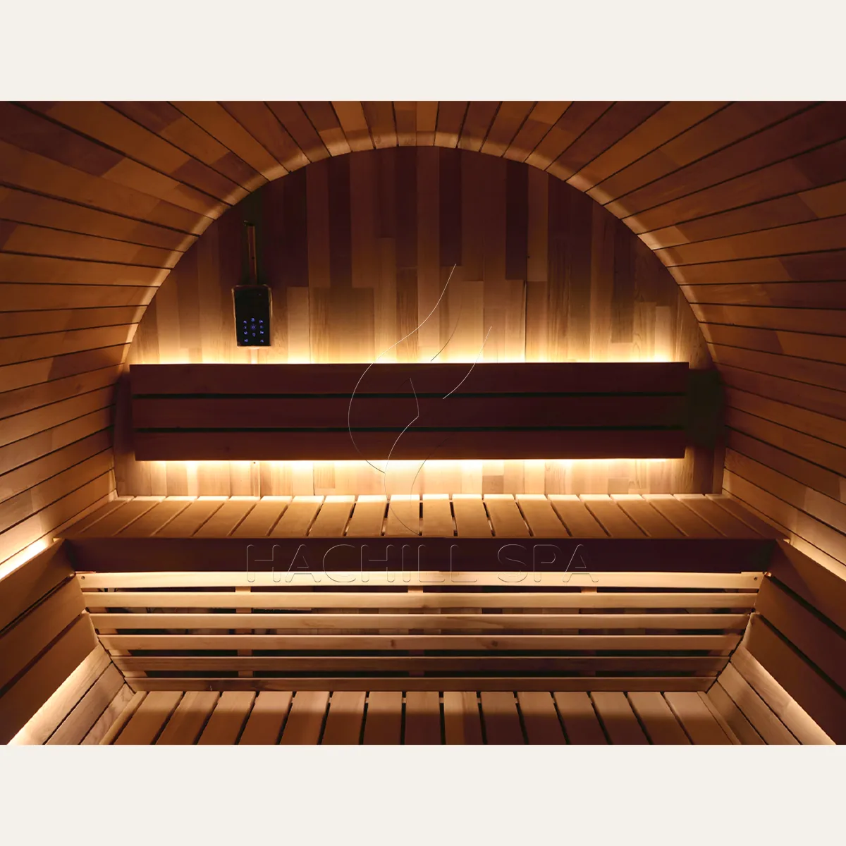 BS13 barrel sauna interior bench layout with LED lighting