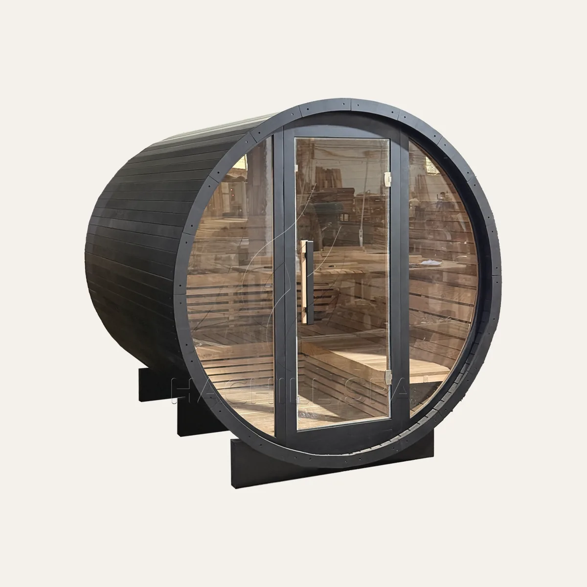 BS13 outdoor barrel sauna front three-quarter view with glass door