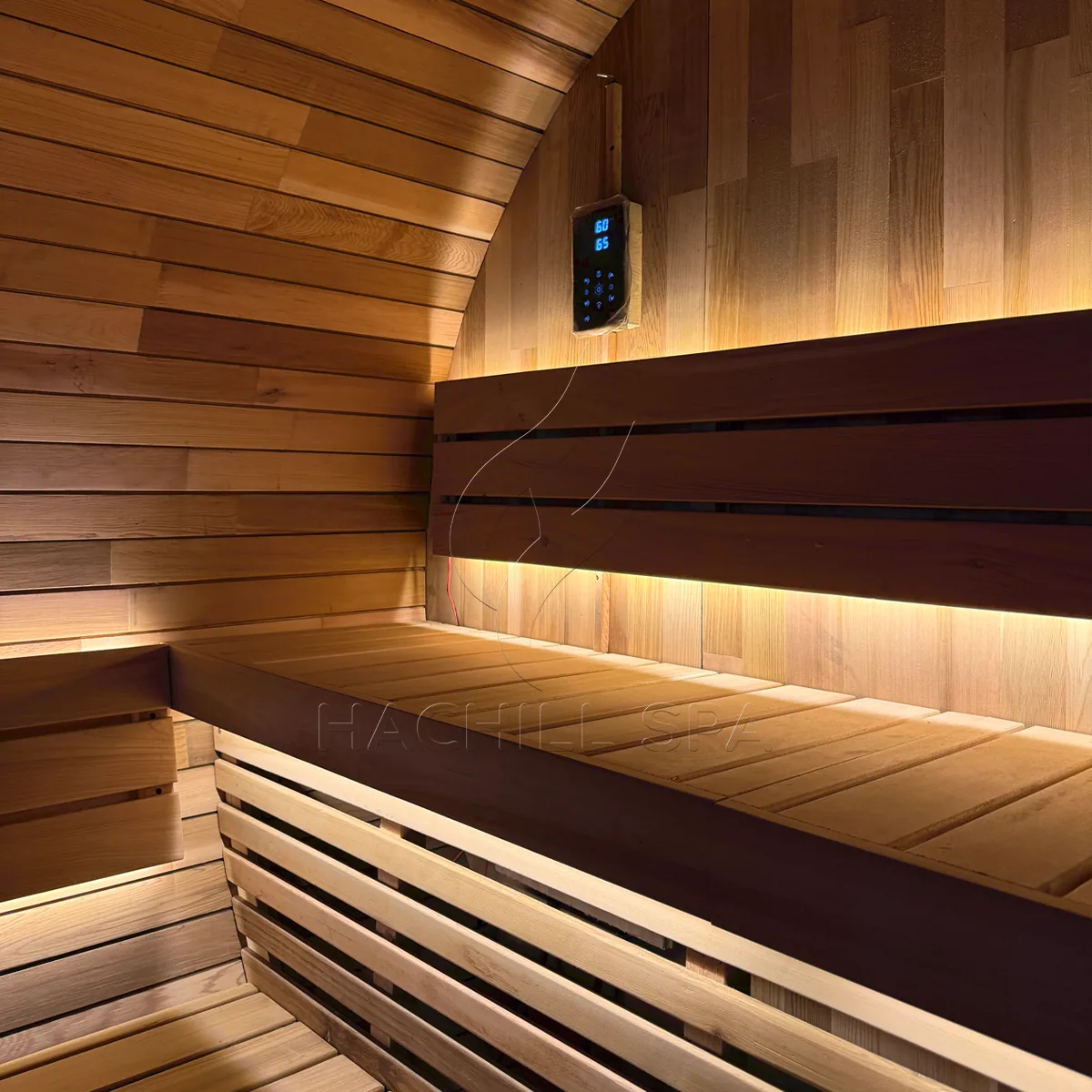 BS13 sauna interior control panel and illuminated bench