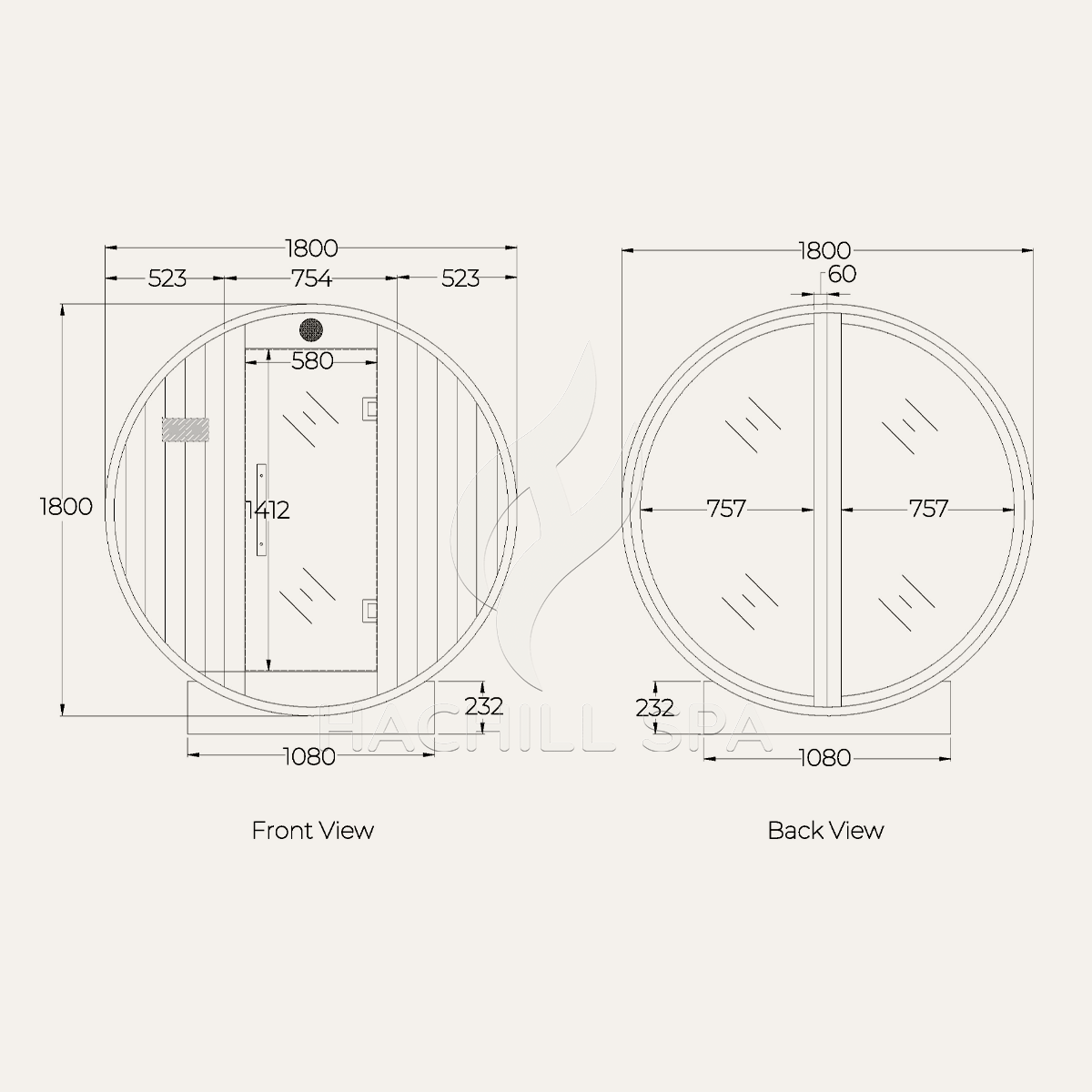 BS14 barrel sauna front and back dimension drawing