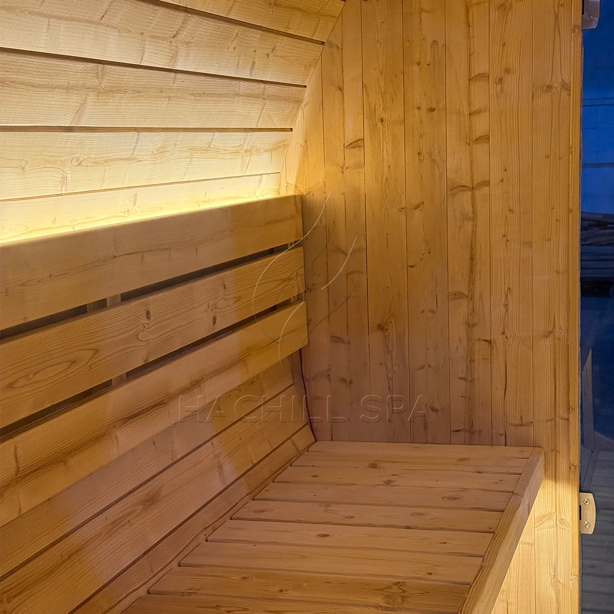 BS14 barrel sauna interior wooden bench and LED backrest lighting