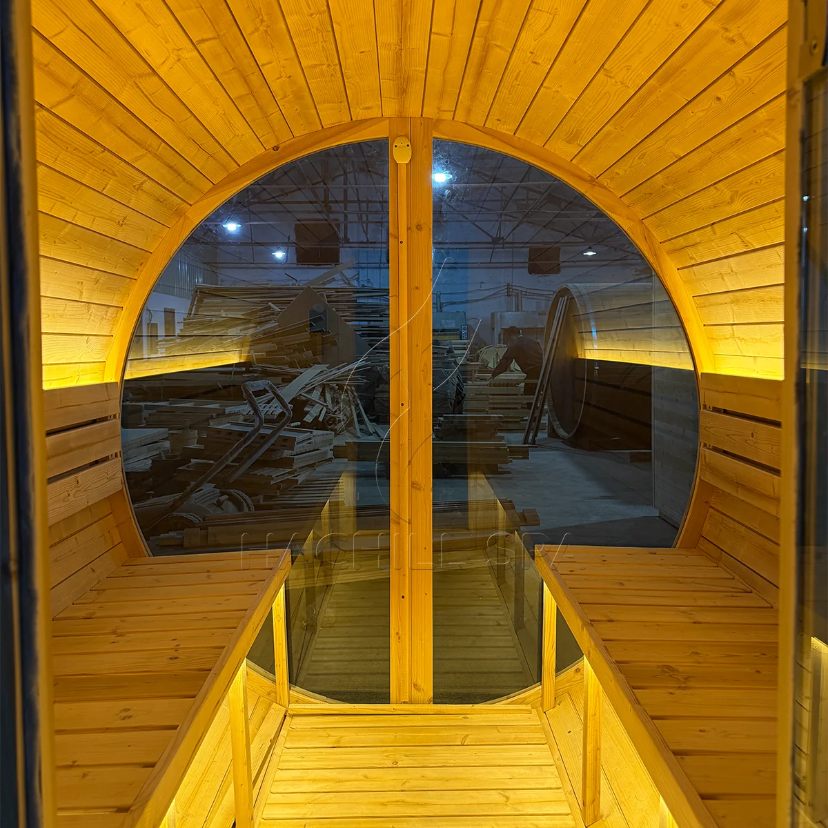 BS14 barrel sauna interior glass wall and opposing bench layout