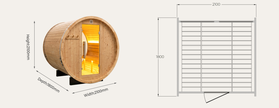 BS14 barrel sauna overall dimensions and side layout drawing