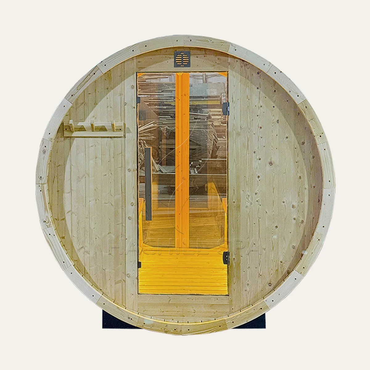 BS14 barrel sauna rear glass exterior view