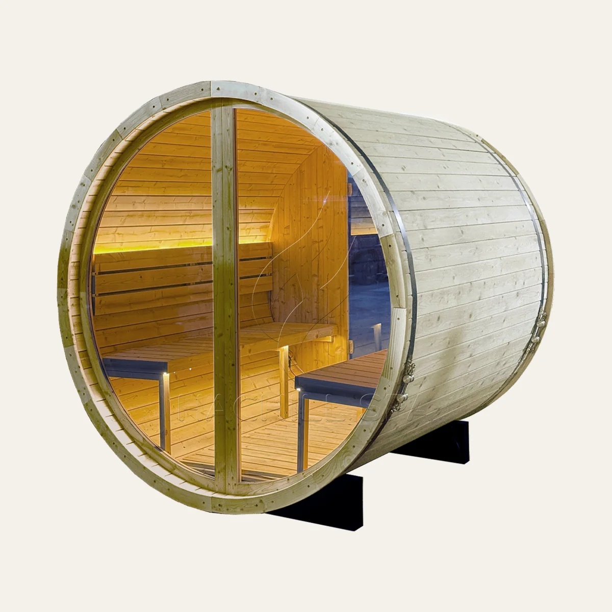 BS14 outdoor barrel sauna front three-quarter view with glazed entry