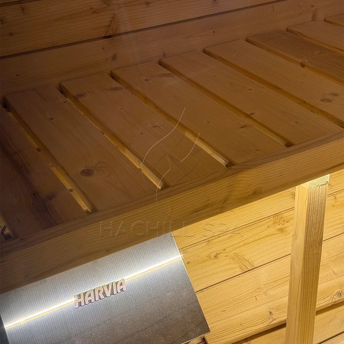BS14 sauna heater enclosure and wooden bench detail