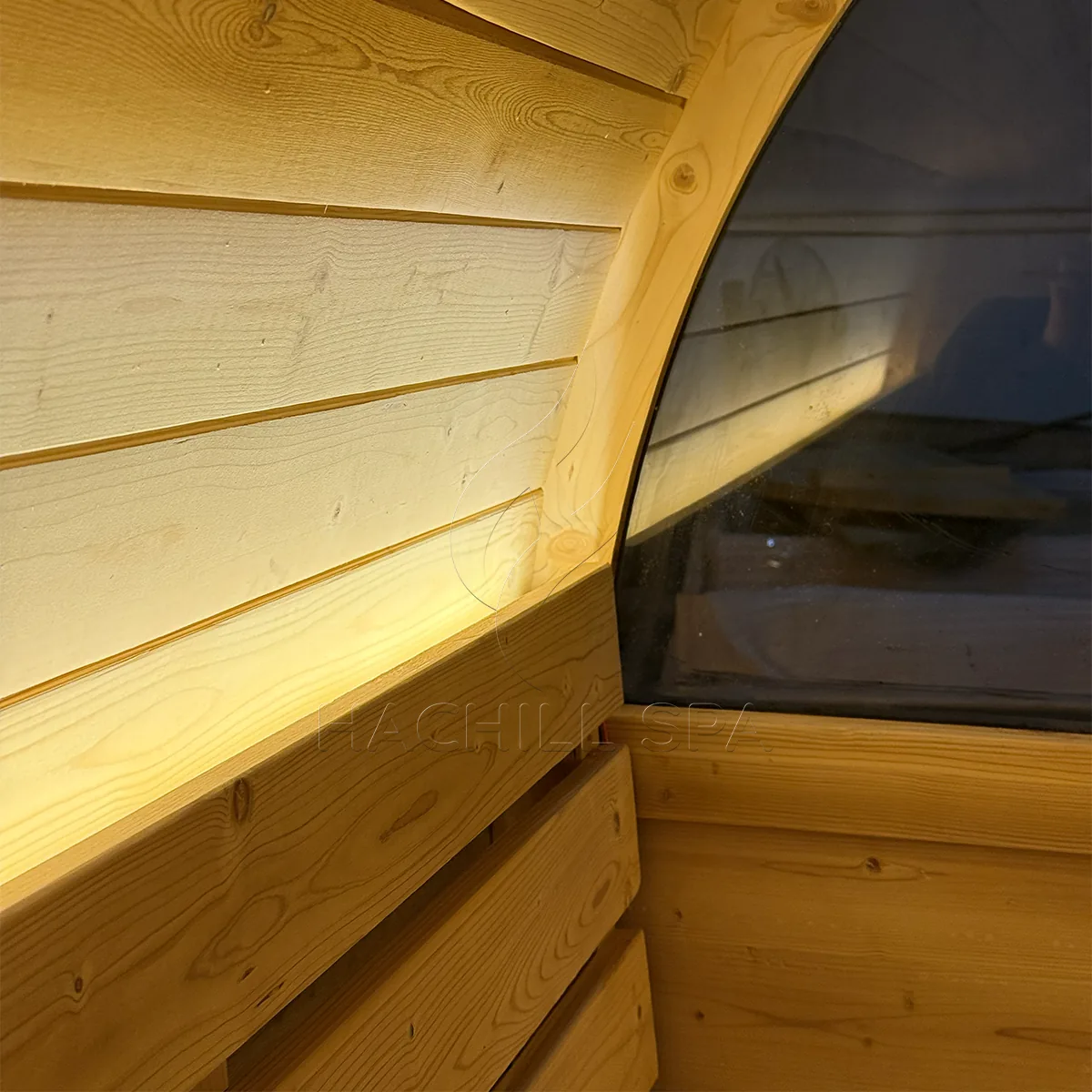 BS15 barrel sauna interior window and bench detail