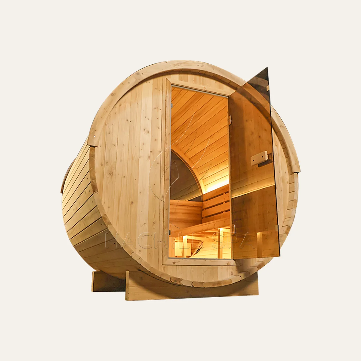 BS15 barrel sauna open glass door and entry view