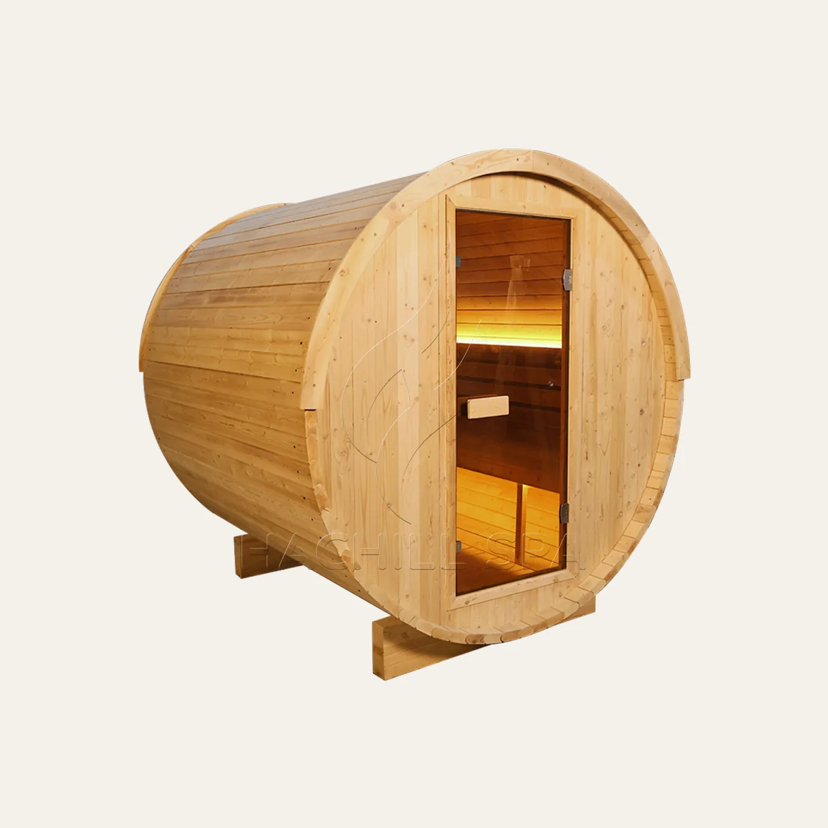 BS15 compact outdoor barrel sauna front three-quarter view