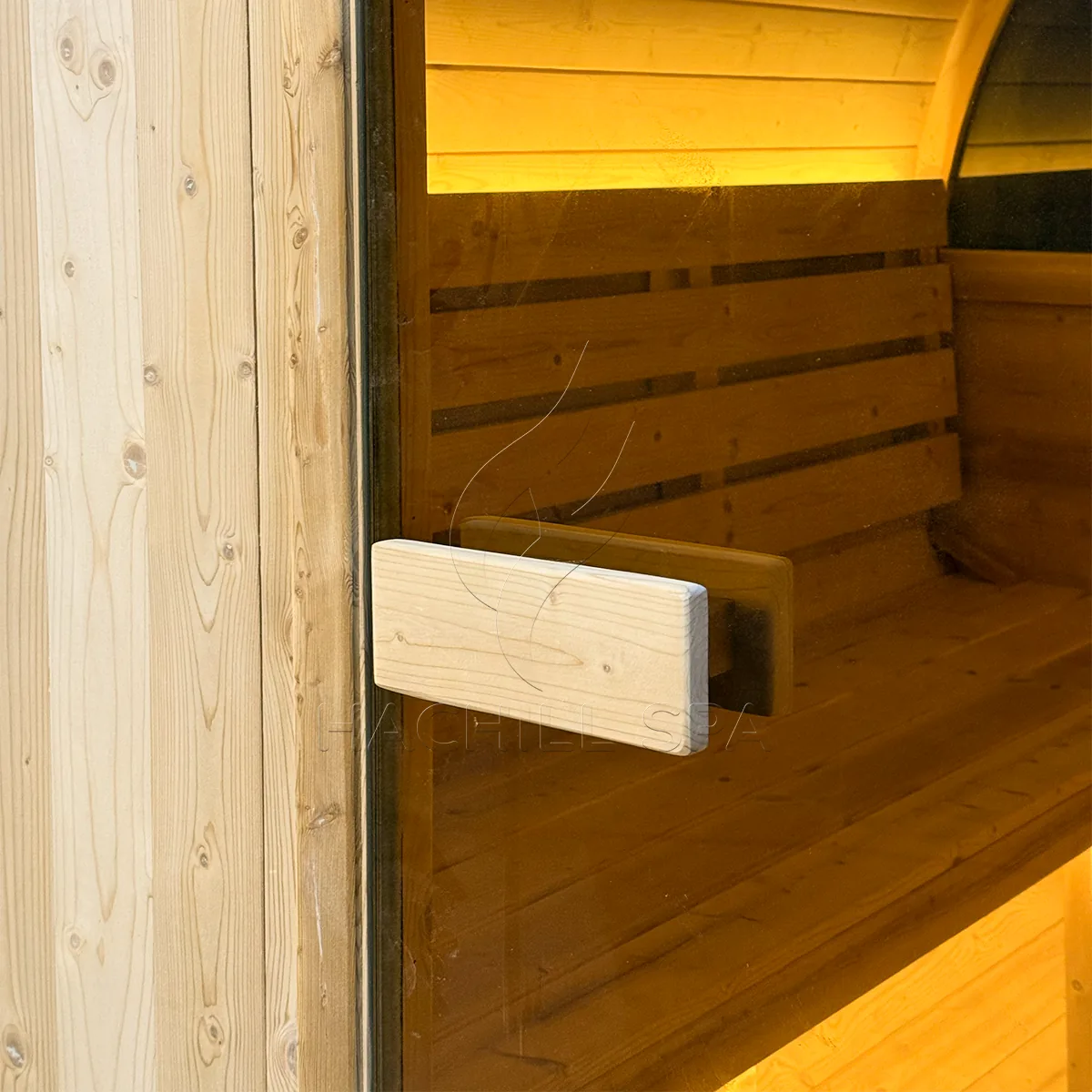 BS15 sauna glass door wooden handle detail