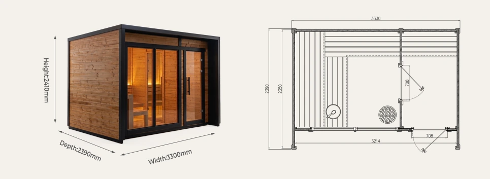 CBN18 outdoor cabin sauna 3300 x 2390 x 2410 mm overall dimensions drawing