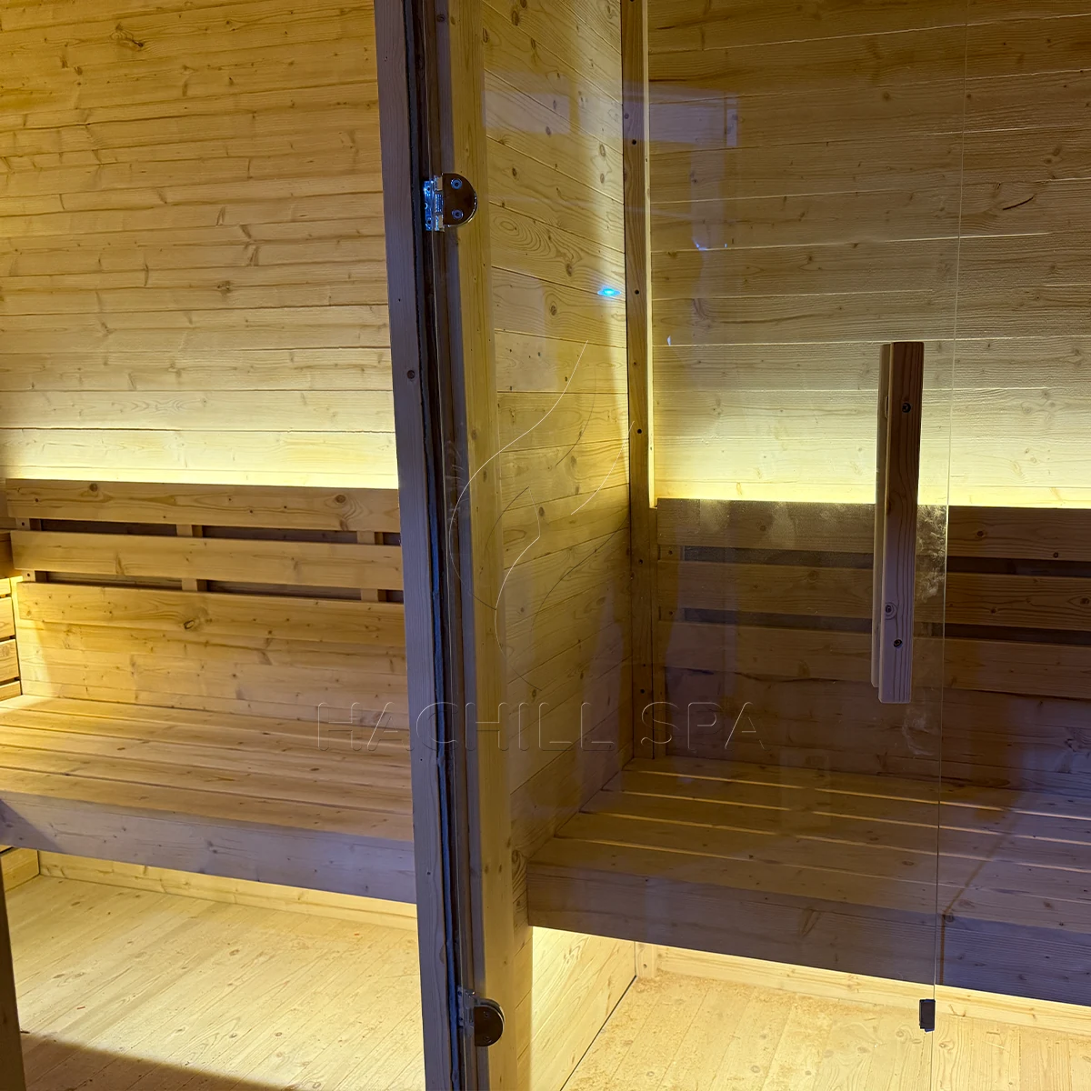 CBN18 sauna glass door and bench detail