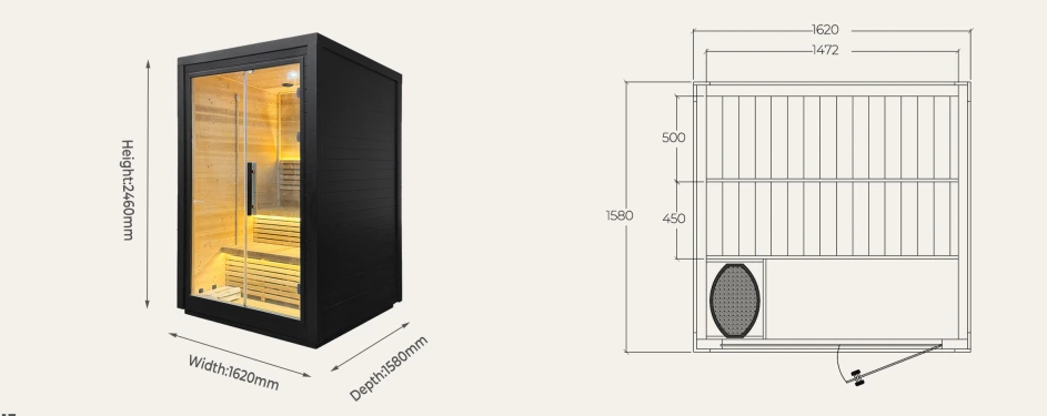 CBN21 outdoor cabin sauna 1620 x 1580 x 2460 mm overall dimensions drawing