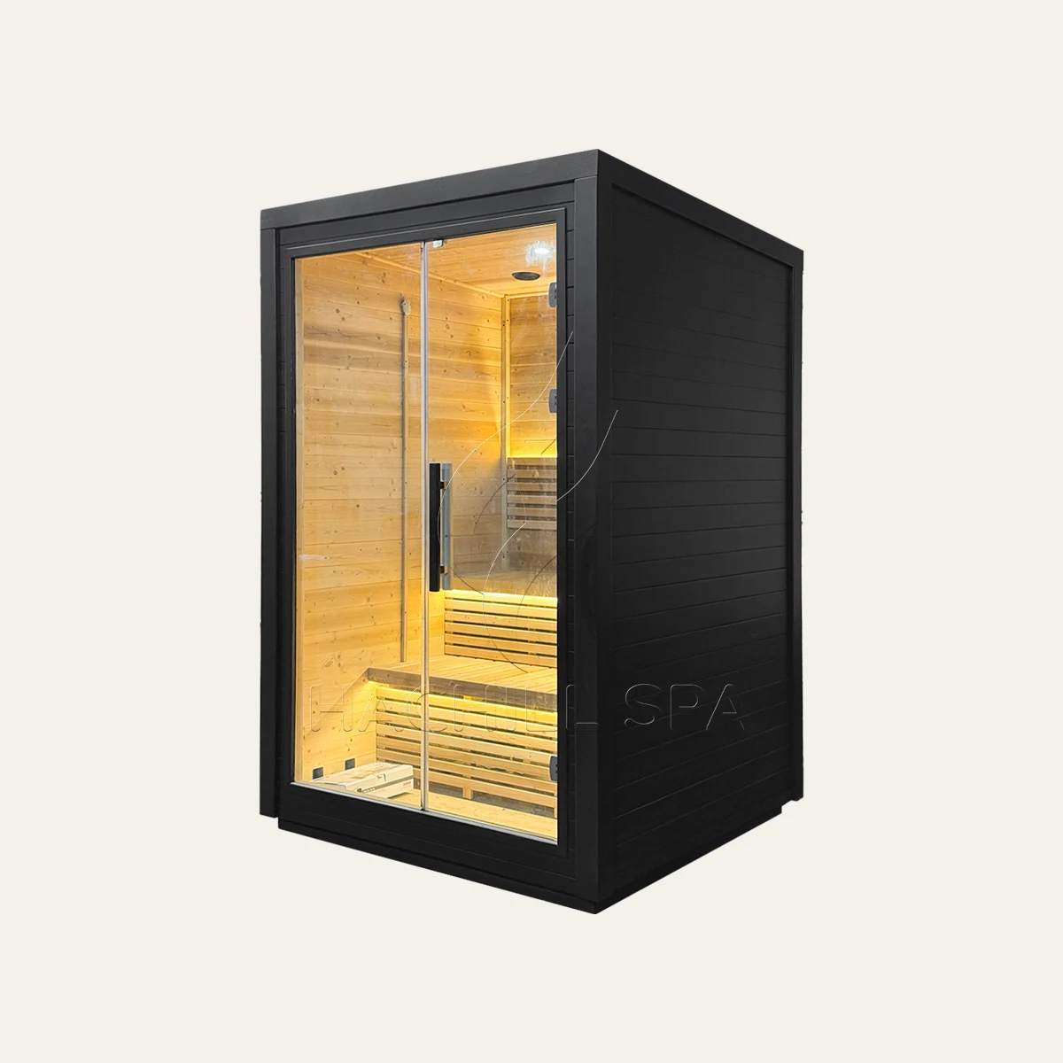 CBN21 outdoor cabin sauna front three-quarter product view