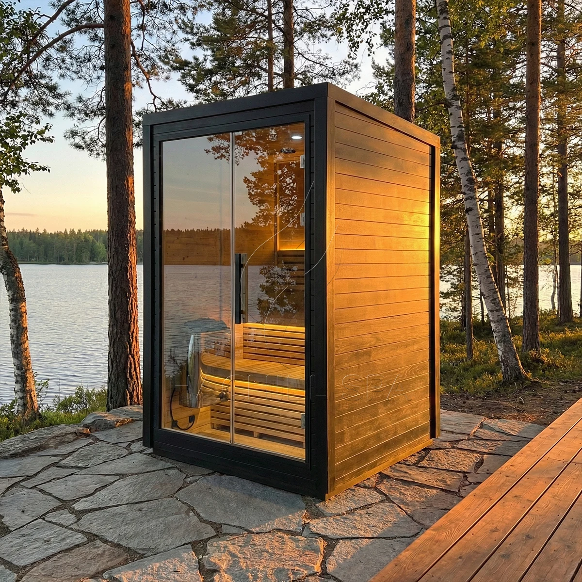 CBN21 outdoor cabin sauna lakeside installation