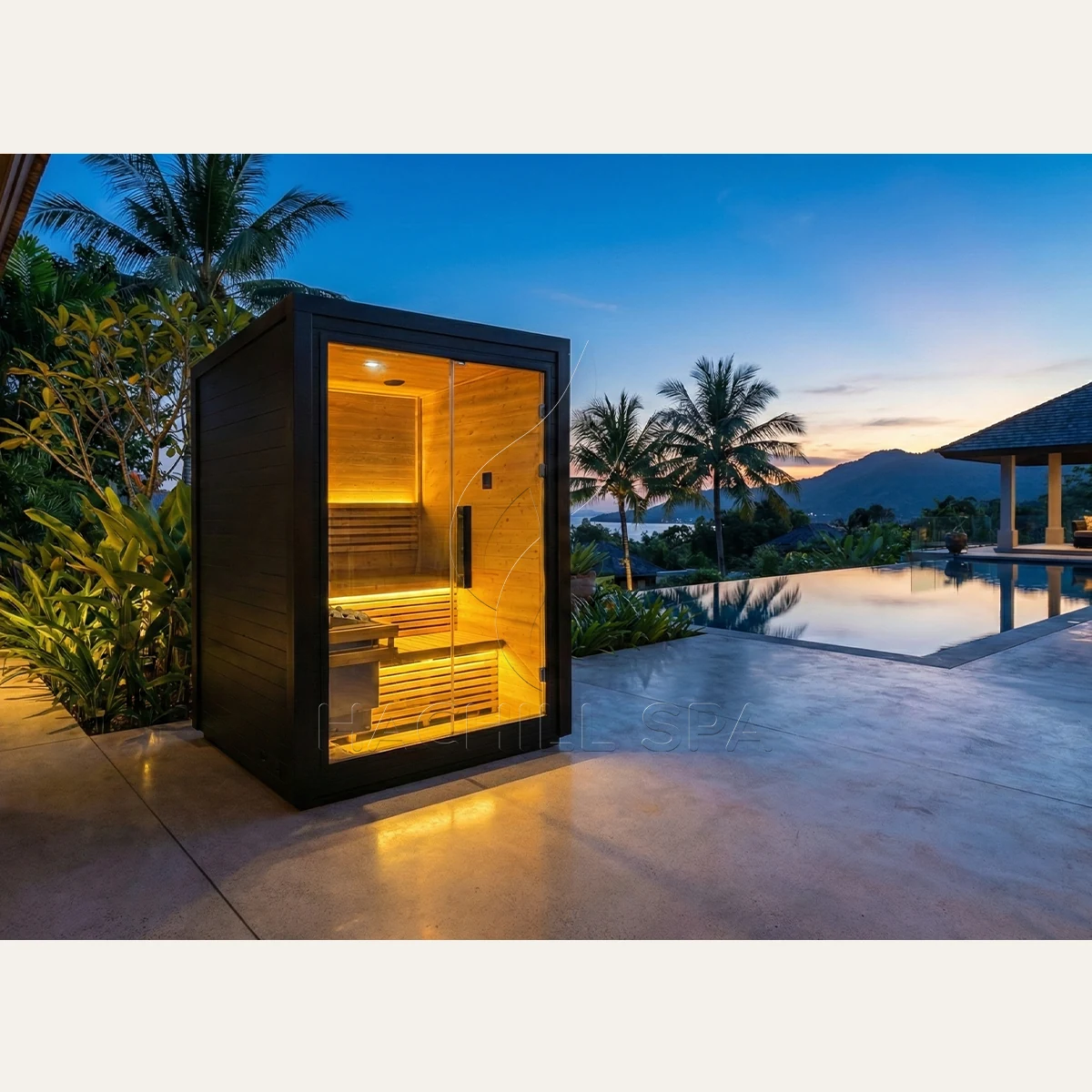 CBN21 outdoor cabin sauna poolside installation