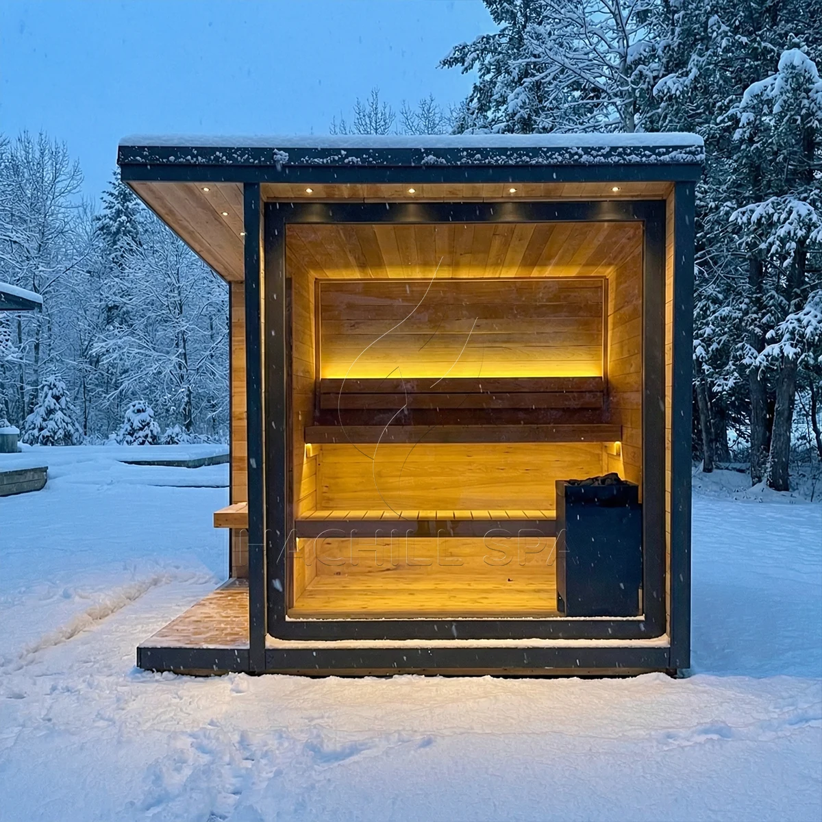 CBN22 outdoor cabin sauna front three-quarter view