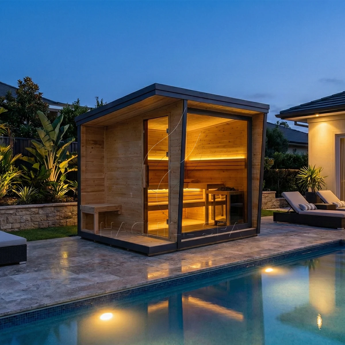 CBN22 outdoor cabin sauna poolside installation
