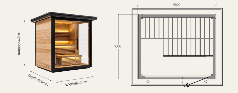 CBN23 outdoor cabin sauna 1800 x 1600 x 2200 mm overall dimensions drawing