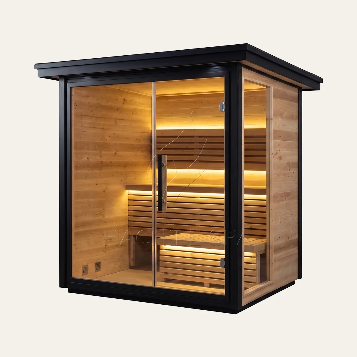 CBN23 outdoor cabin sauna front three-quarter view
