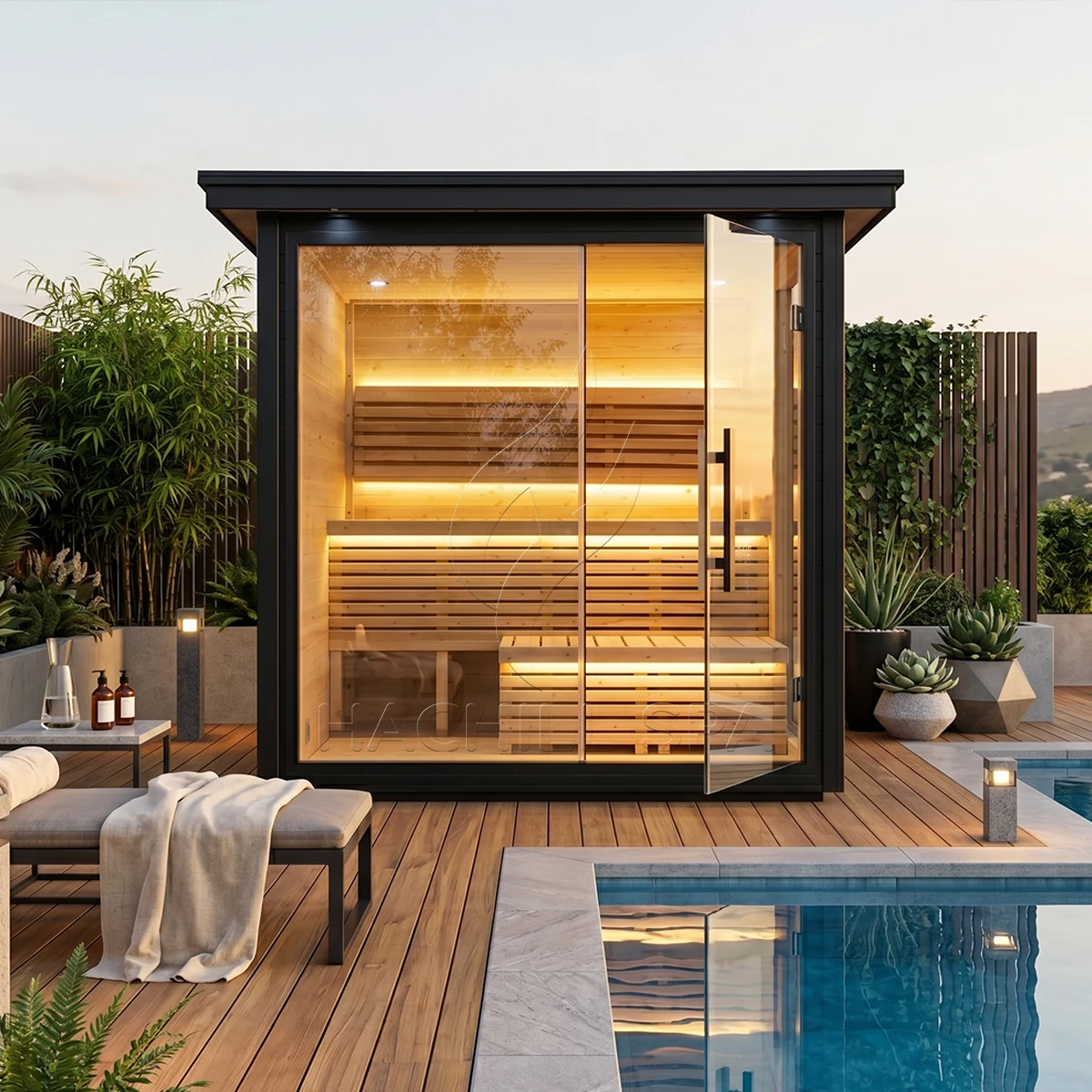 CBN23 outdoor cabin sauna poolside installation