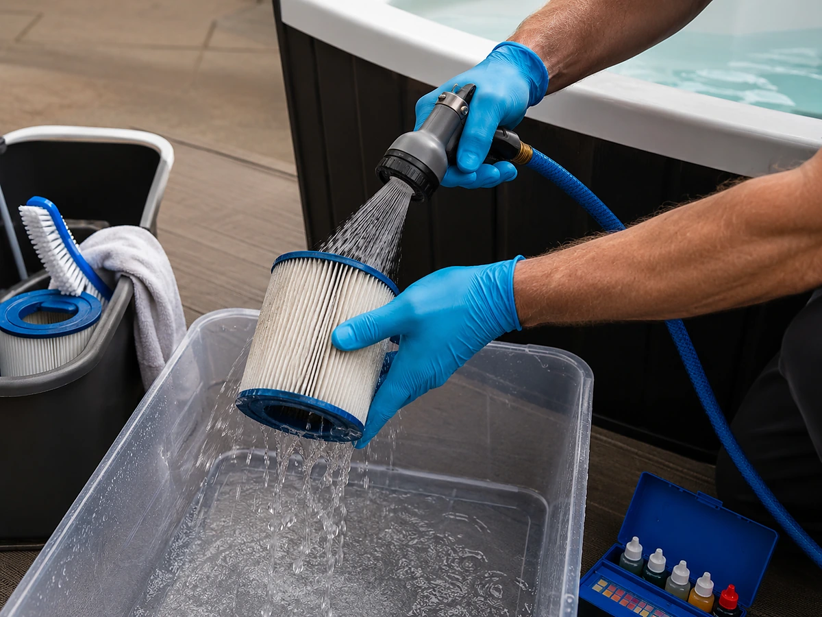 Technician rinsing a cartridge filter beside a cold plunge tub