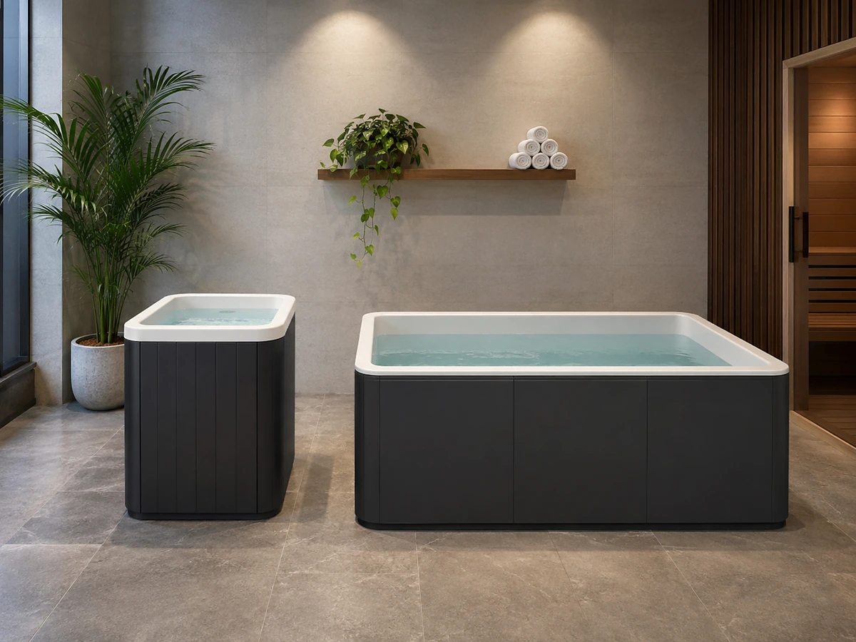 Upright and laydown cold plunge formats in a modern wellness room