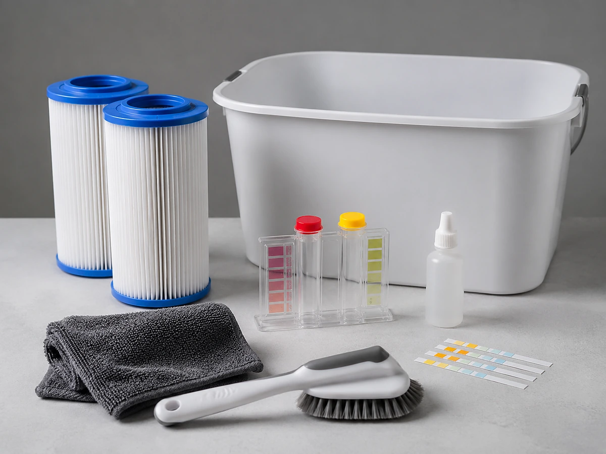 Cartridge filters, water testing equipment and cleaning tools for cold plunge maintenance