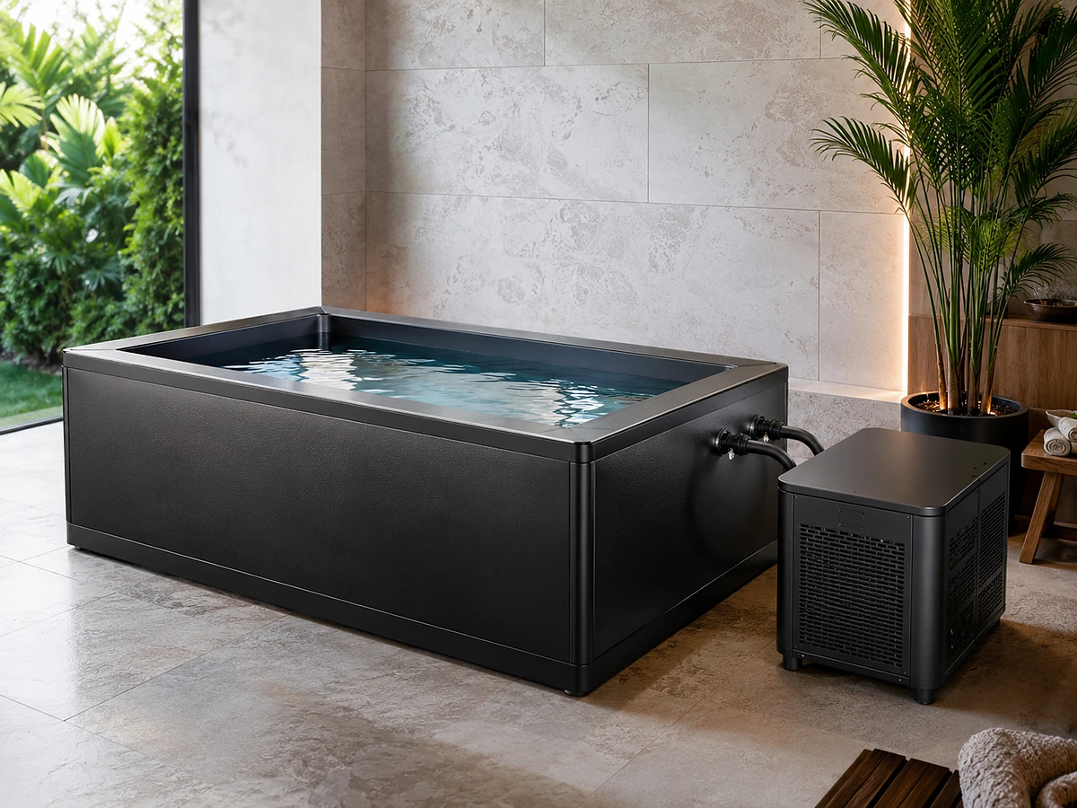 Unbranded cold plunge tub with external cooling unit in a modern indoor wellness space