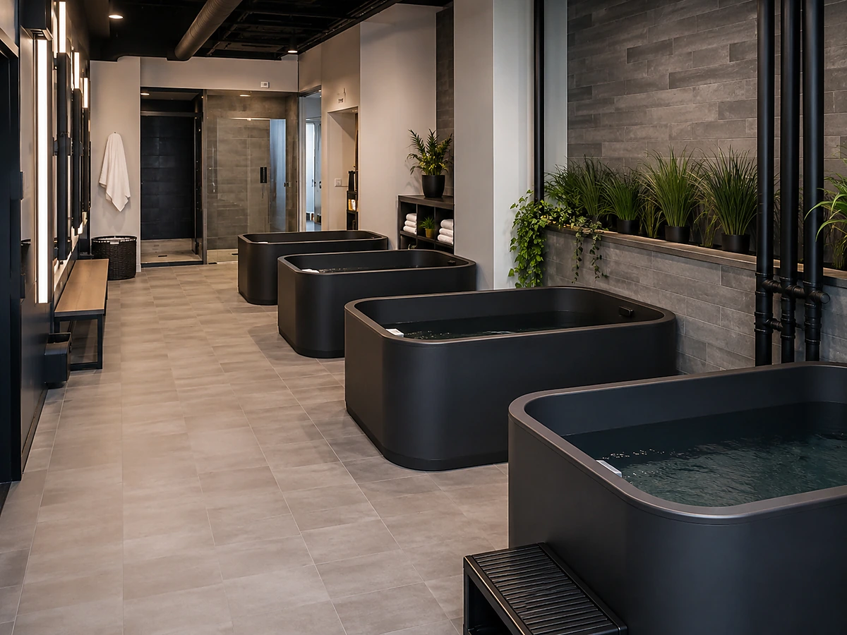 Multiple cold plunge tubs in a commercial recovery facility