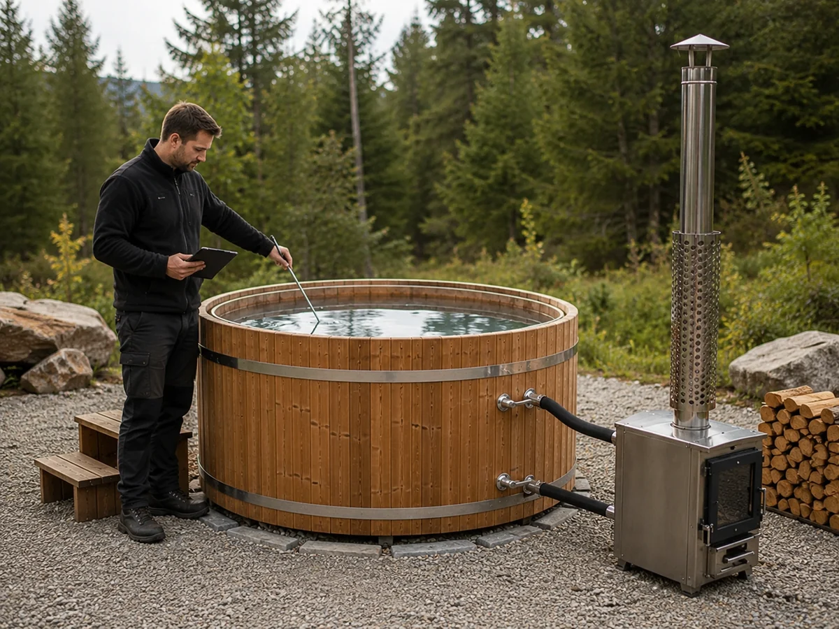 Operator checking and recording the mixed-water temperature of a wood-fired hot tub before access