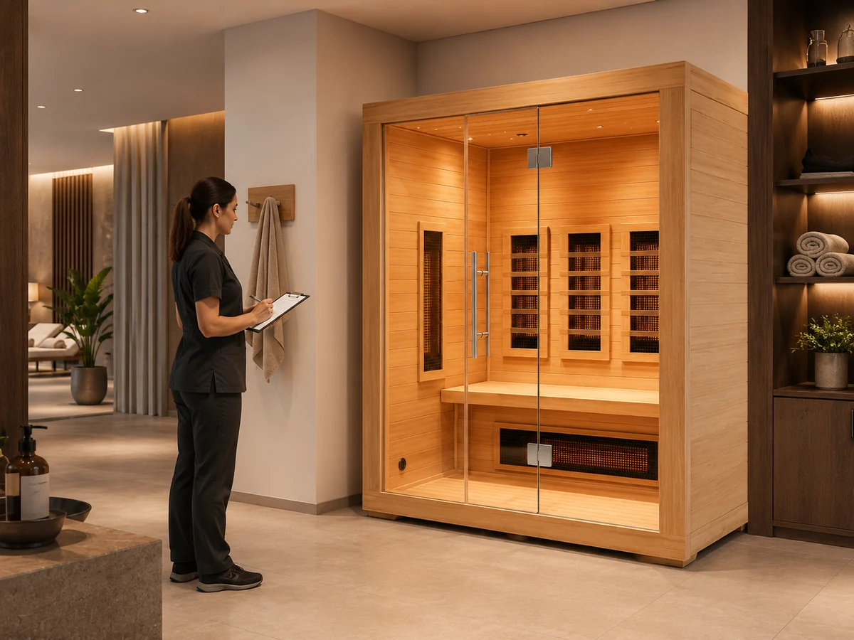 Commercial infrared sauna in a wellness facility with clear access, external controls and service space