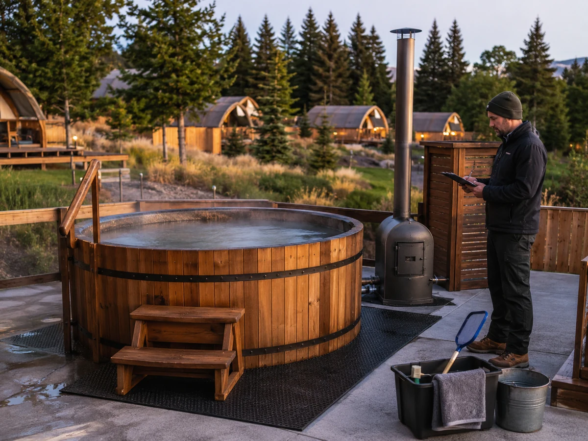 Commercial operator inspecting a round wood-fired hot tub in a dry controlled operating area