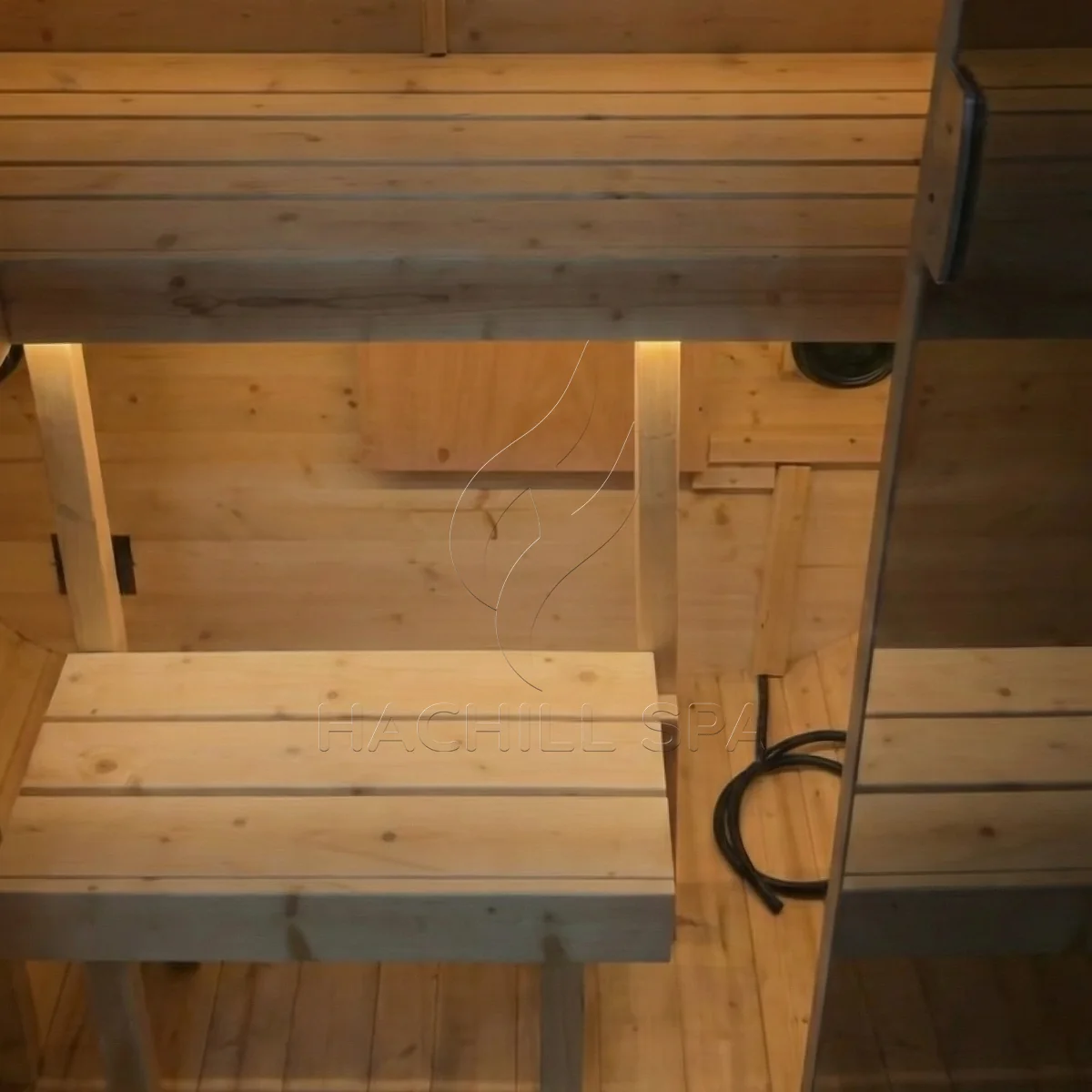 Close-up of the CS04 cube sauna timber bench and interior finish for product review.