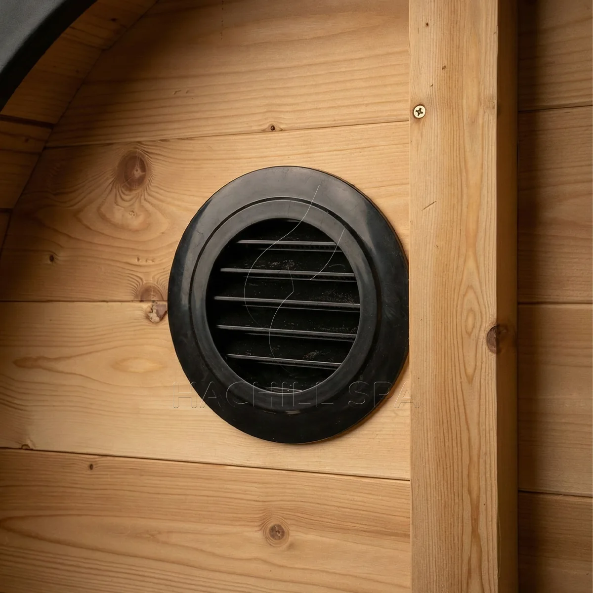 Close view of the heater and control area inside the CS04 outdoor cube sauna.