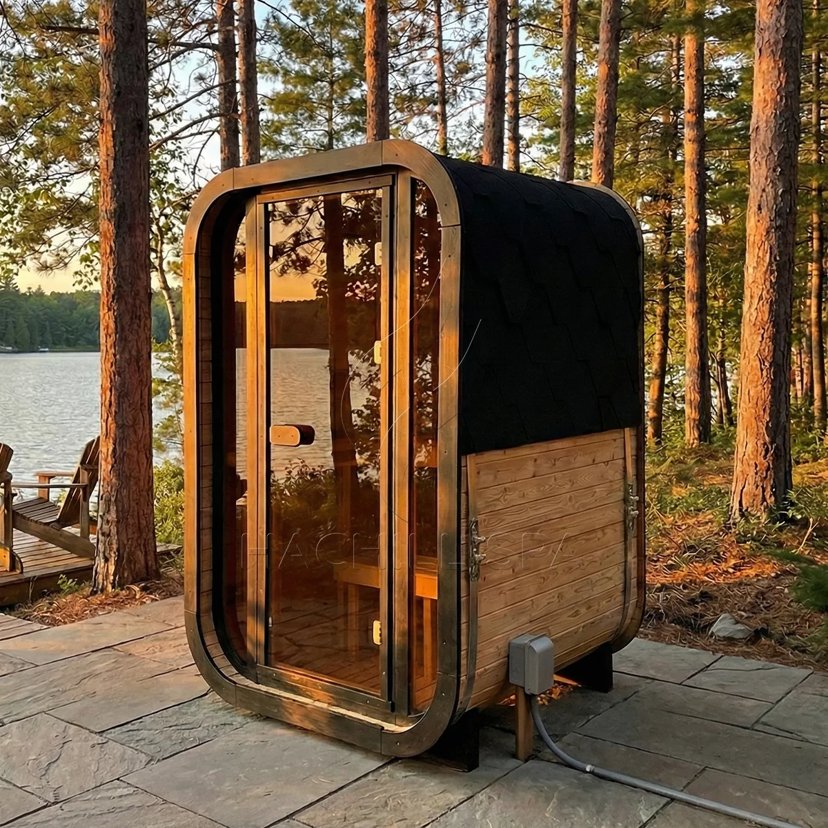 Interior CS04 cube sauna view showing the timber bench layout, doorway and heater-side area.