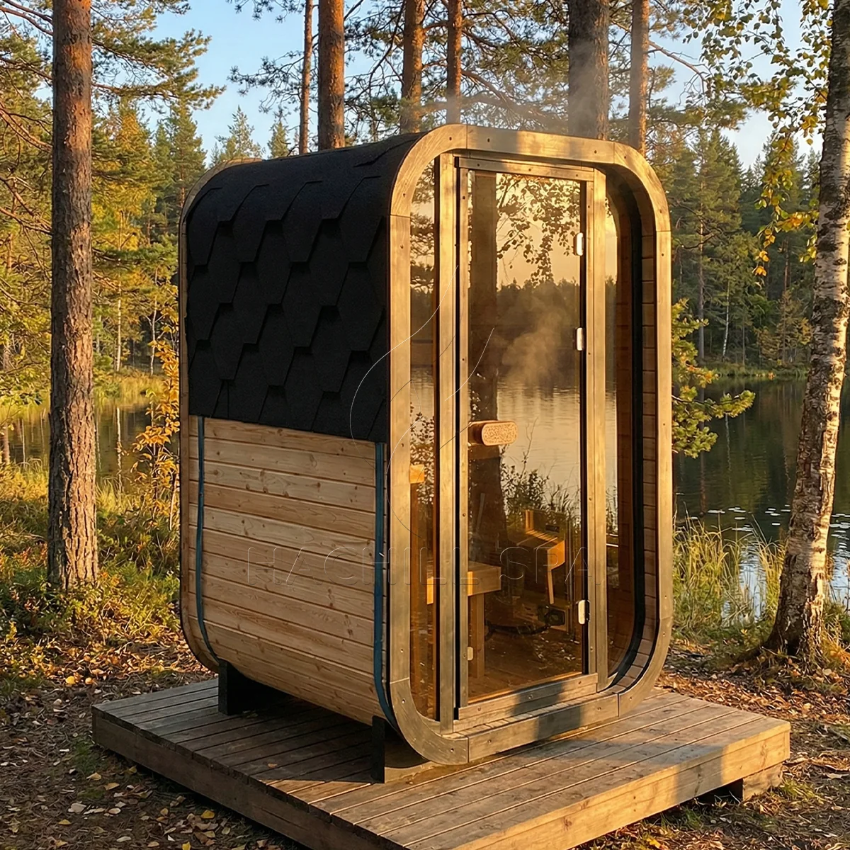 Interior detail of the CS04 cube sauna showing the heater-side wall, timber interior and ventilation context.