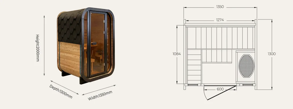 Dimension drawing for the CS04 outdoor cube sauna showing width, depth, height and interior layout reference.