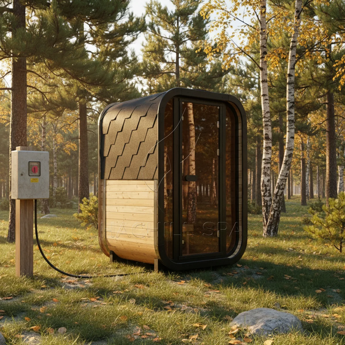 Front view of the CS04 outdoor cube sauna with glazed door, benches and rounded black frame.