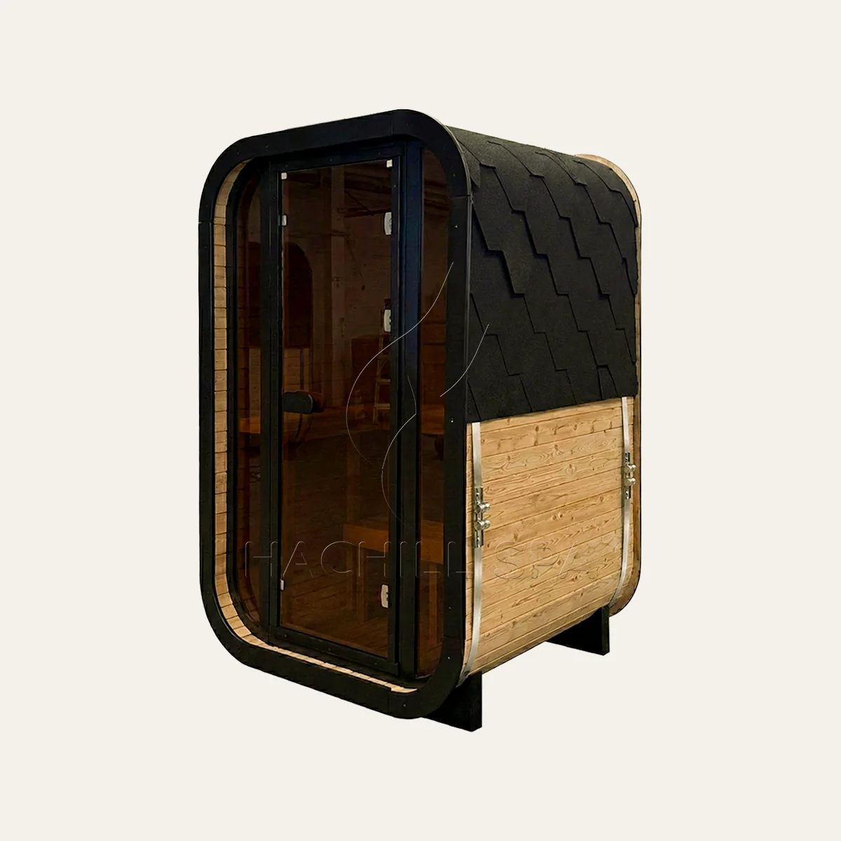 Hero product image showing the CS04 outdoor cube sauna form, glazed entry and dark exterior frame.