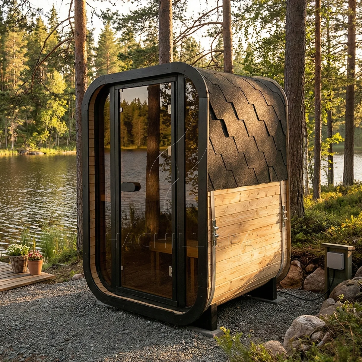 Side exterior view of the CS04 cube sauna showing the curved shell, cladding and support base.