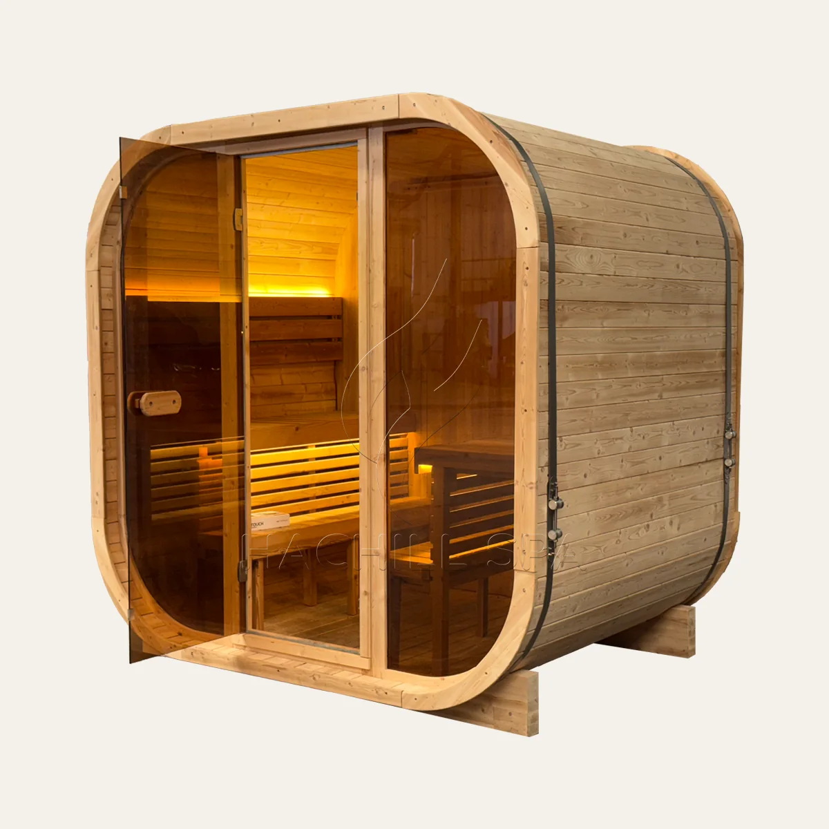 CS15 2-4 person outdoor cube sauna front three-quarter view