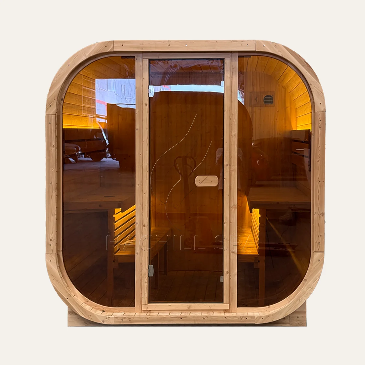 CS15 cube sauna front glass door and panoramic glazing