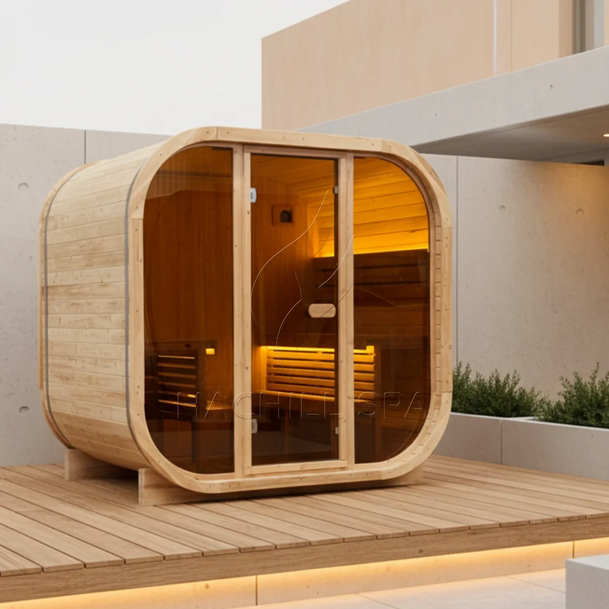 CS15 cube sauna installed on a modern residential patio