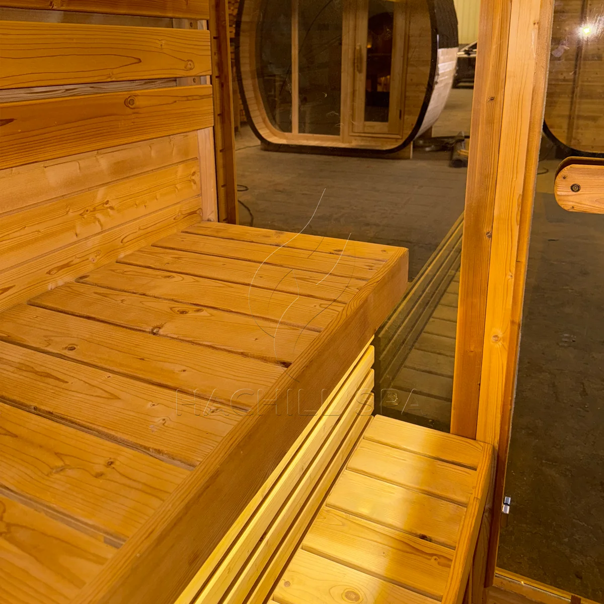 CS15 cube sauna interior opposing bench layout