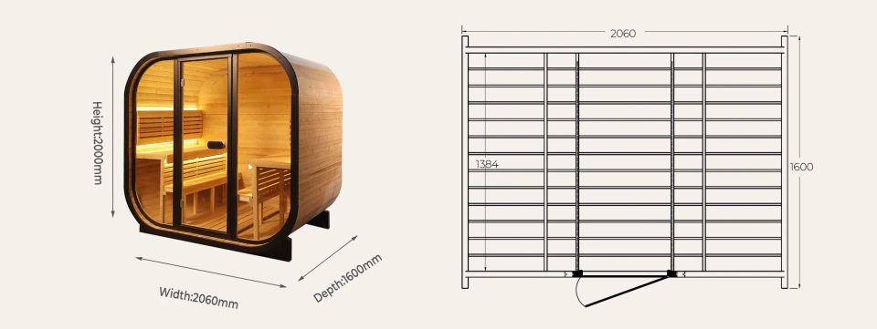 CS15 outdoor cube sauna 2060 x 1600 x 2000 mm overall dimensions drawing