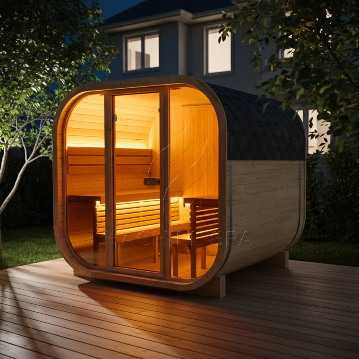 CS15 outdoor cube sauna illuminated in a garden at night