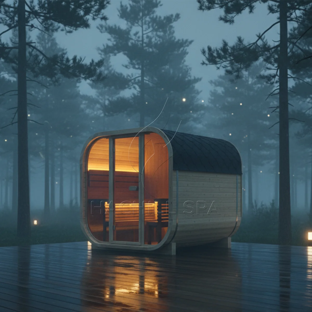 CS15 outdoor cube sauna installed in a rainy forest setting
